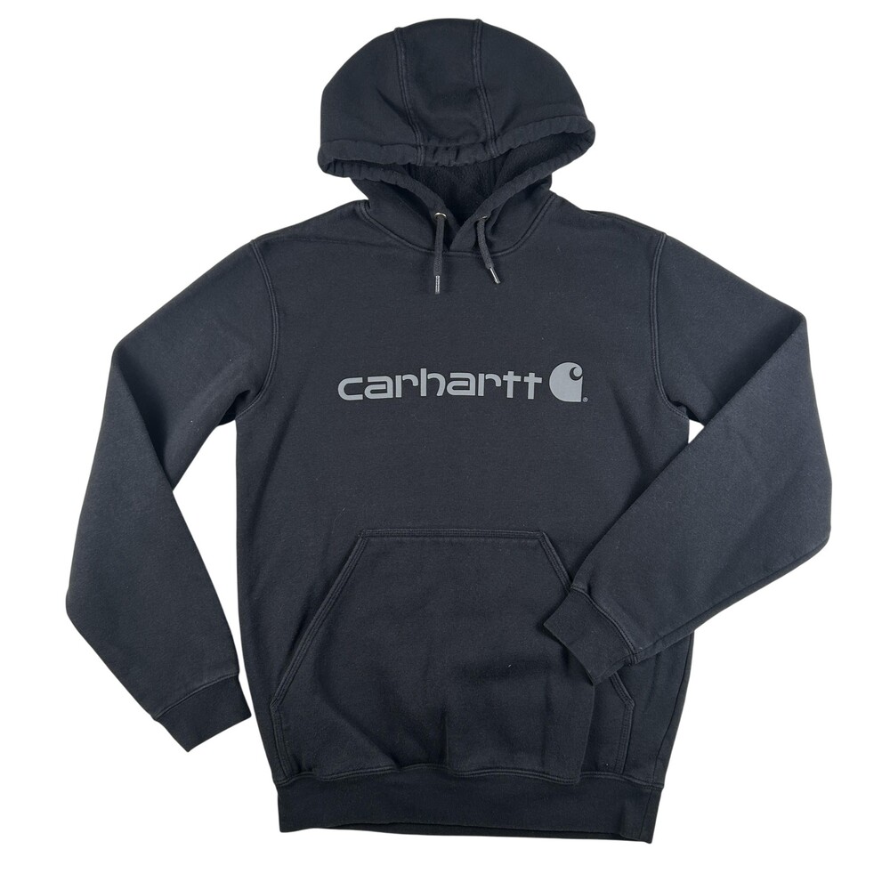 Carhartt Hoodie Mens Small Black Loose Fit Fleece Pullover Logo Sweatshirt